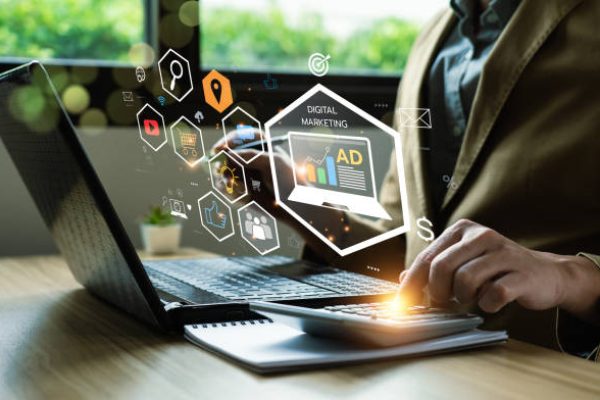 Digital online marketing commerce sale concept, Promotion of products or services through digital channels search engine, social media, email, website, Digital Marketing Strategies and Goals. SEO PPC